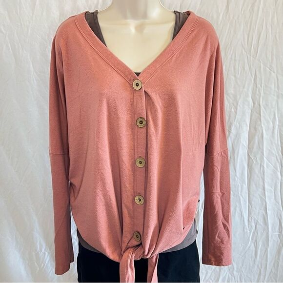 Mauve Pink Long Sleeve Button Down Tie Front Blouse ~ Women’s Large - Picture 2 of 8